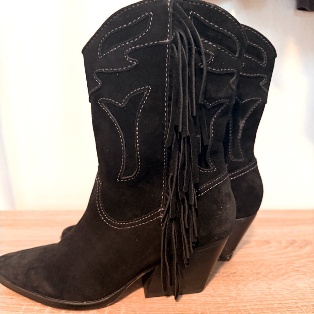 Dolce Vita Shoes Liona Black Suede Western Cowboy Fringed Boots - Picture 4 of 4